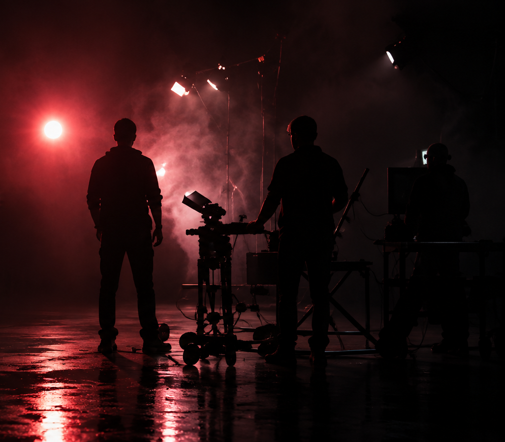 Film production set with cameras and crew